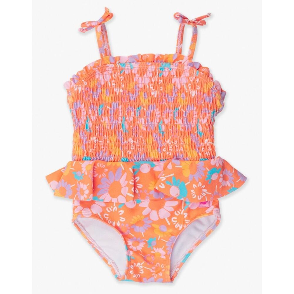 RuffleButts 2T Orange Floral One Piece Swimsuit Toddler Smocked Ruffle Peplum